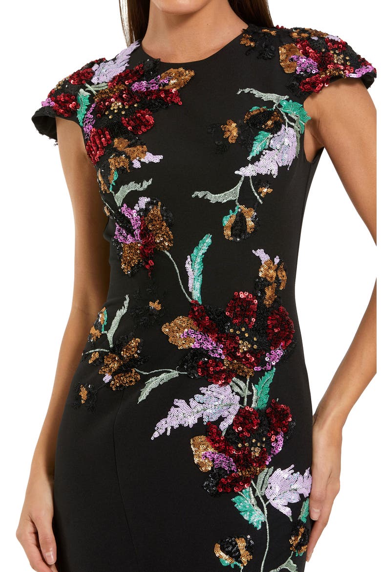 Women's Crepe Mermaid Gown With Floral Embroidery, Alternate, color, Black Multi