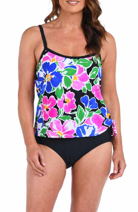 Summer Scoop Neck One-Piece Faux Tankini Swimsuit