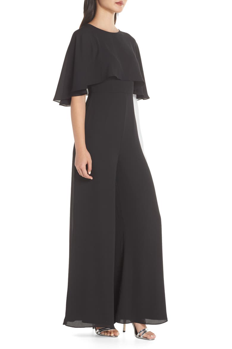 Georgette Jumpsuit with Removable Cape, Alternate, color, BLACK