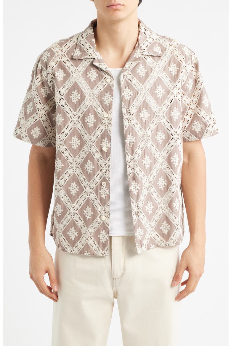 Didcot Diamond Lace Inset Button-Up Camp Shirt, Main, color, TAUPE / ECRU