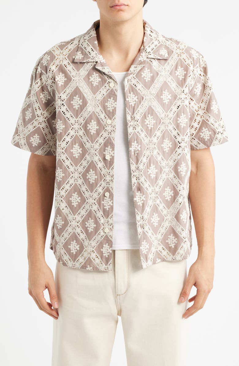 Wax London Didcot Diamond Lace Inset Button-Up Camp Shirt, Main, color, Taupe / Ecru
