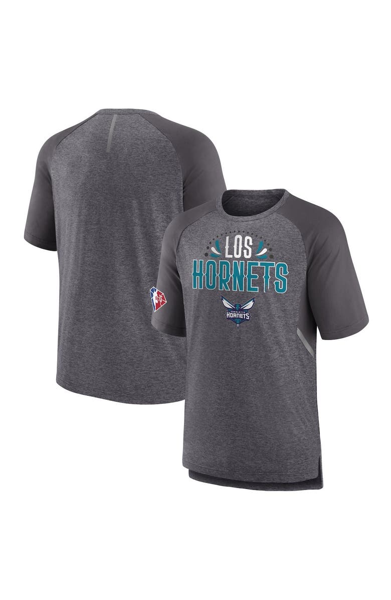 FANATICS Men's Fanatics Branded Heathered Gray Charlotte Hornets 2022 Noches Ene-Be-A Core Shooting Raglan T-Shirt, Main, color, 