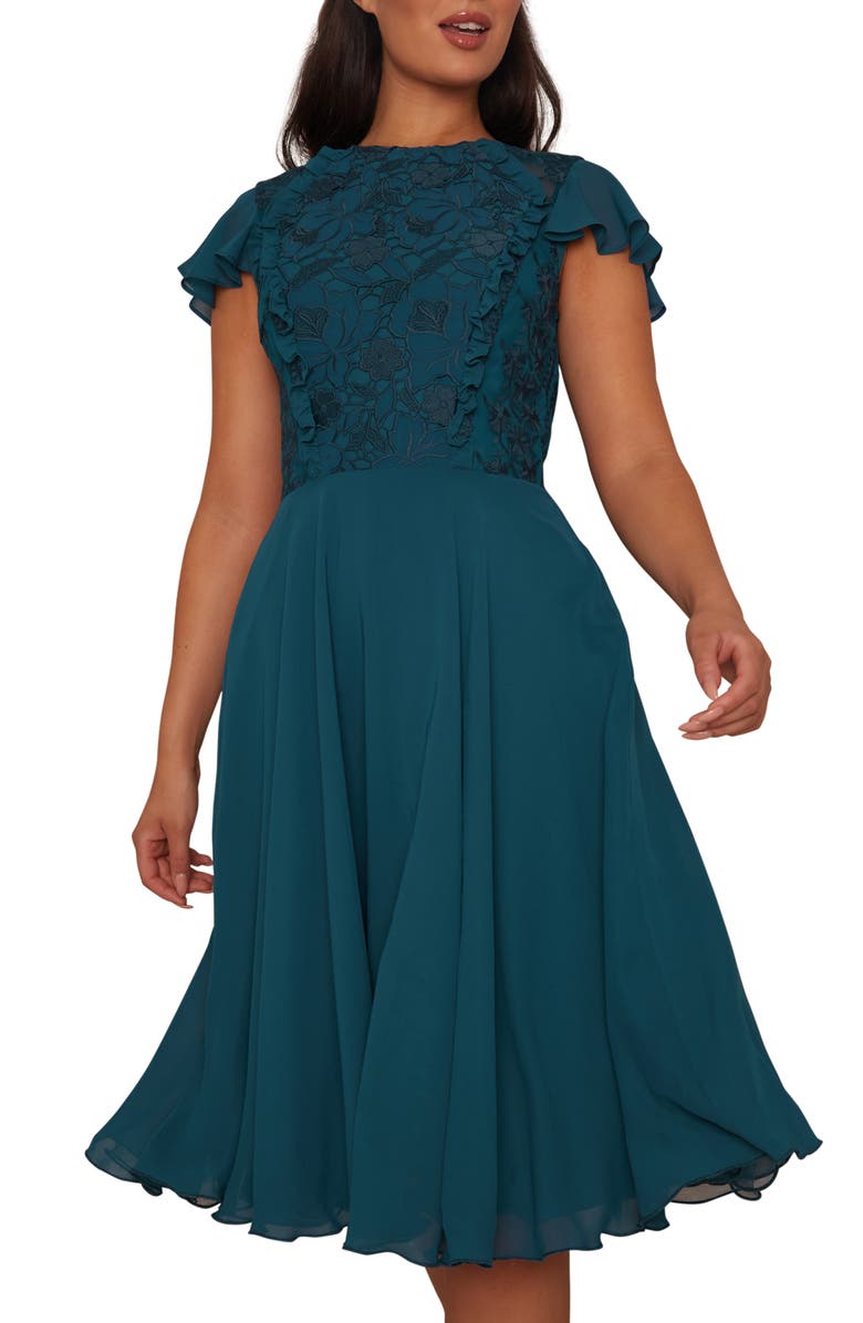 Chi Chi London Floral Crochet Cap Sleeve Midi Dress, Alternate, color, 