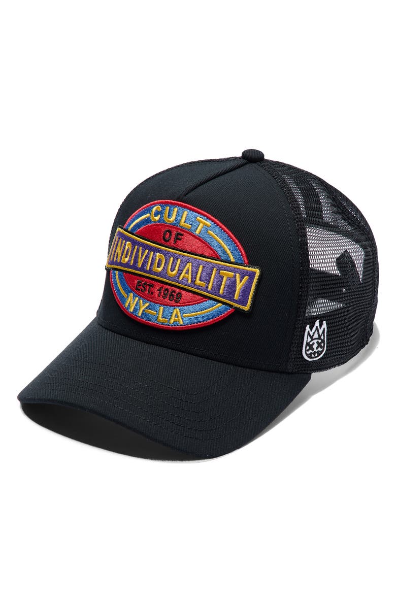 Cult of Individuality Oversize Patch Trucker Hat, Main, color, Black