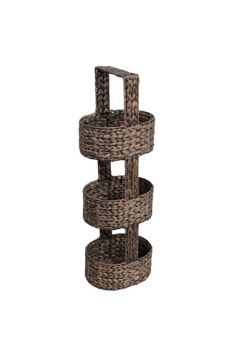 Riverbend Coastal Handwoven Water Hyacinth 3-Tier Round Basket Freestanding Storage Tower Stand with Top Handle, Main, color, Brown