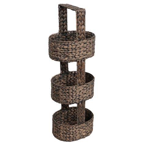 Riverbend Coastal Handwoven Water Hyacinth 3-Tier Round Basket Freestanding Storage Tower Stand with Top Handle