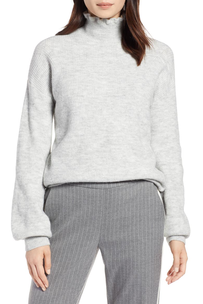 Ruffle Neck Sweater, Main, color, GREY LIGHT HEATHER