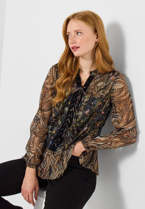 Sheer Metallic Lace Up Blouse (plus)