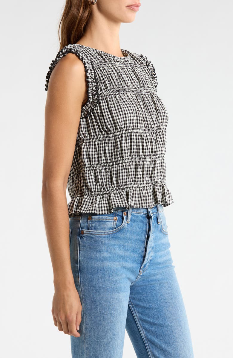 Vince Camuto Gingham Smocked Ruffle Trim Top, Alternate, color, Rich Black