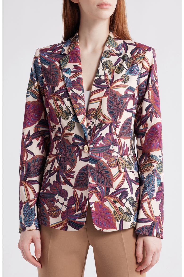 Print One-Button Blazer, Alternate, color, WILD BERRY TROPICAL