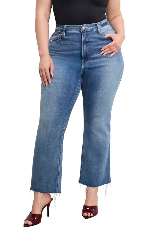 Good American Soft-tech Good Flare Raw Hem High Waist Ankle Flare Jeans In Blue