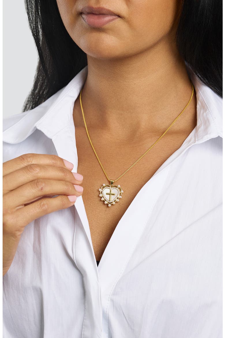 Simulated Pearl Heart & Cross Pendant Necklace, Alternate, color, GOLD