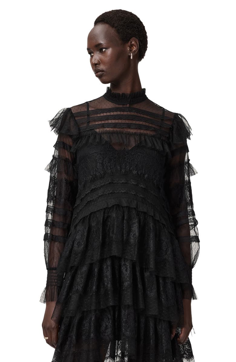 AllSaints Cavarly Lace Ruffle Long Sleeve Maxi Dress, Alternate, color, Lace Black
