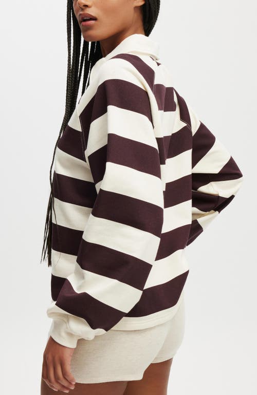 Cotton On Body Oversized Collared Lounge Fleece Sweater In Burgundy Cream Stripe