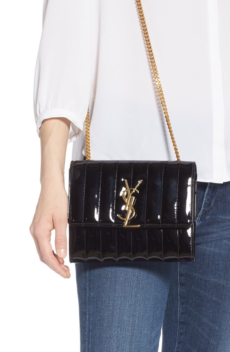 Saint Laurent Vicky Patent Leather Wallet on a Chain, Alternate, color,