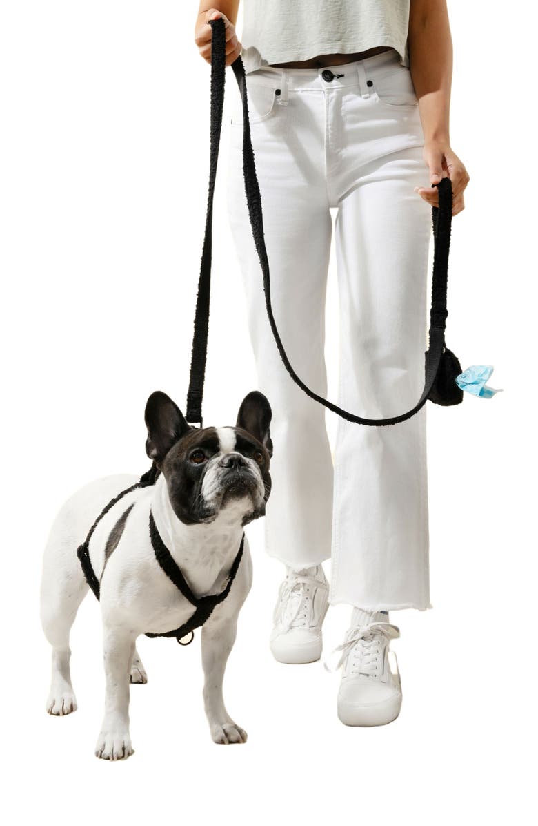 The Licker Store Teddy Bouclé Adjustable H Harness and Leash Walk Set with Poop Bag Pouch, Alternate, color, Black