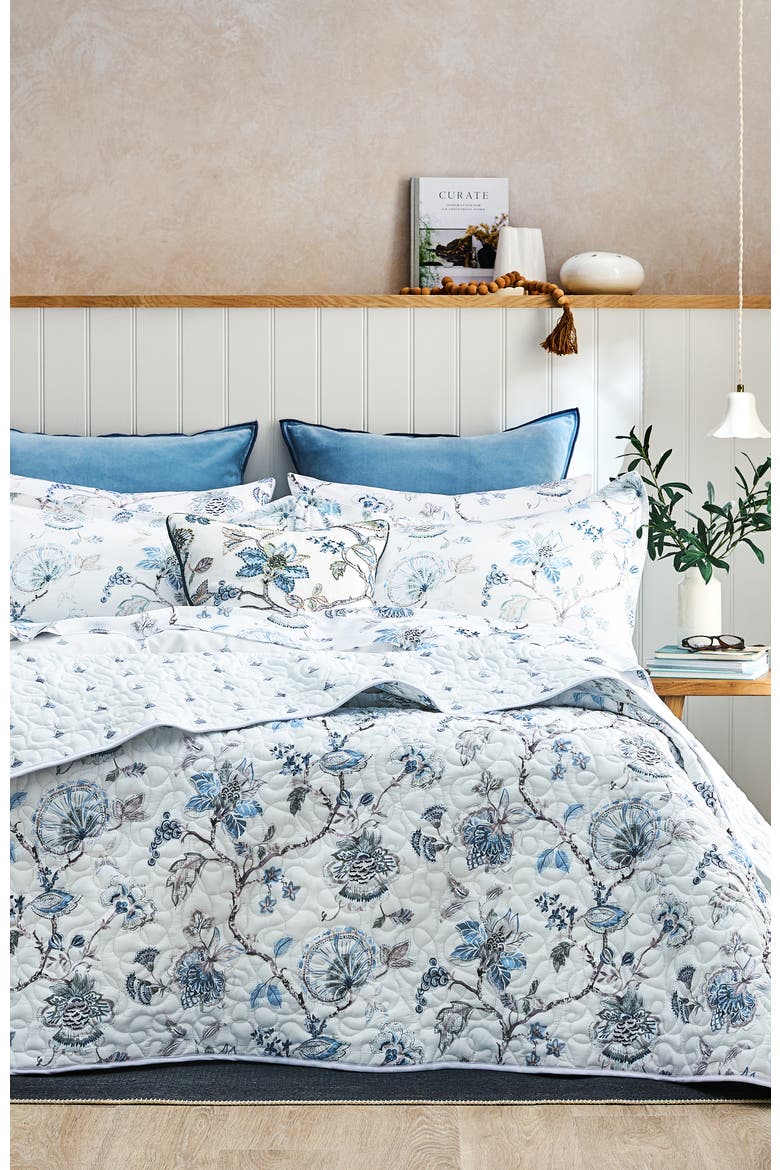Tropical Floral Luxury Cotton Coverlet & Sham Set, Alternate, color, Blue - Queen