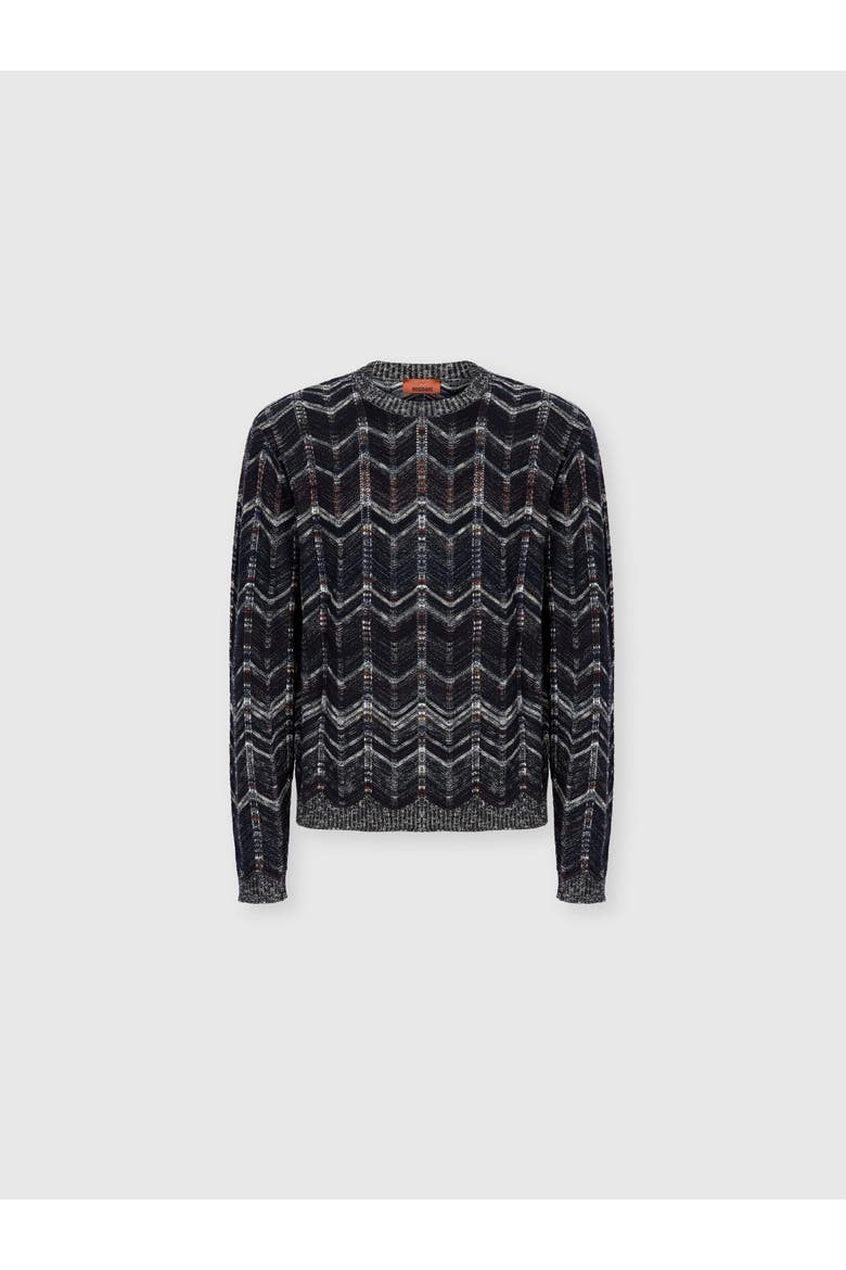 Crew-neck Cotton Chevron Pullover With Ribbed Trims, Alternate, color, Blue