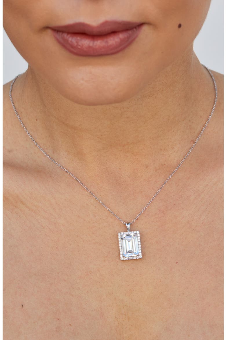 Emerald Cut Cubic Zirconia Halo Pendant Necklace, Alternate, color, WHITE