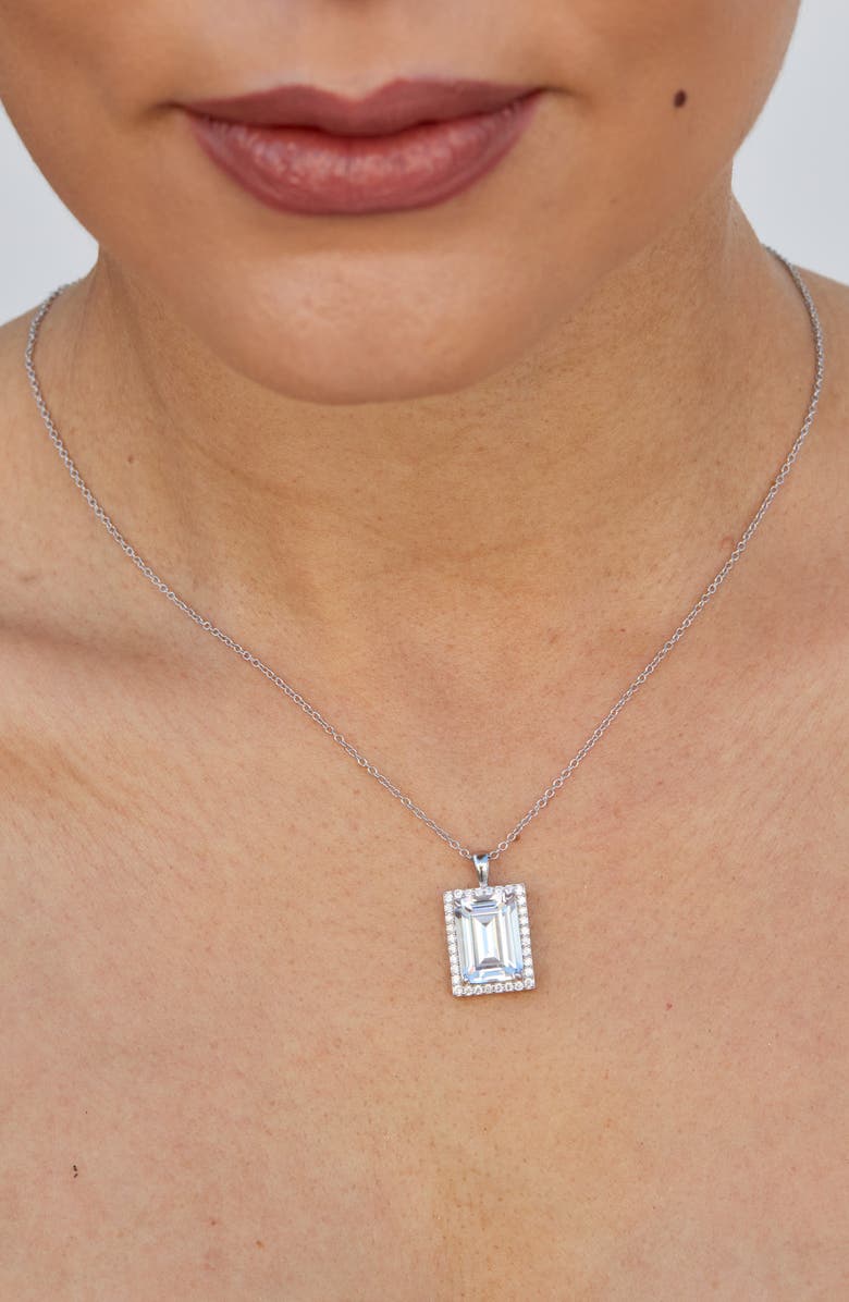 SAVVY CIE JEWELS Emerald Cut Cubic Zirconia Halo Pendant Necklace, Alternate, color, White