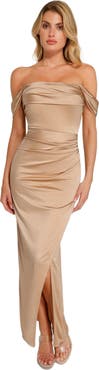 Popilush Liquid Metallic Fabric Off Shoulder Shine Ruched Sculpting Maxi Shapewear Dress