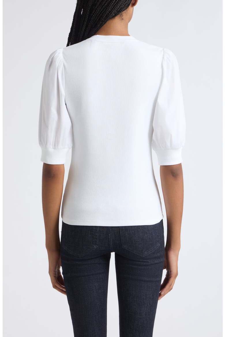 Coralee Puff Sleeve Mixed Media Henley Top, Alternate, color, WHITE