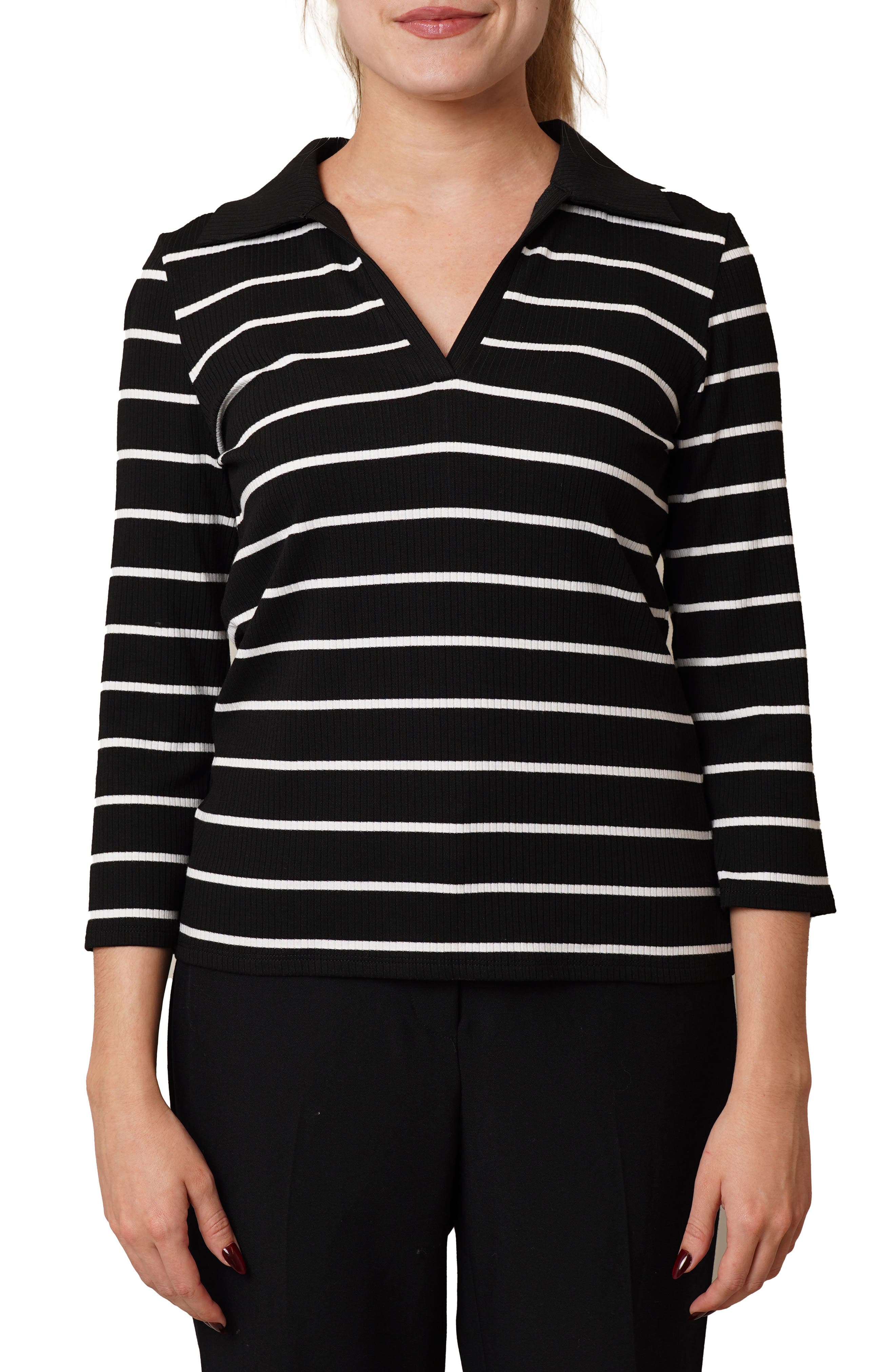 CYRUS Stripe Johnny Collar Three-Quarter Sleeve Top