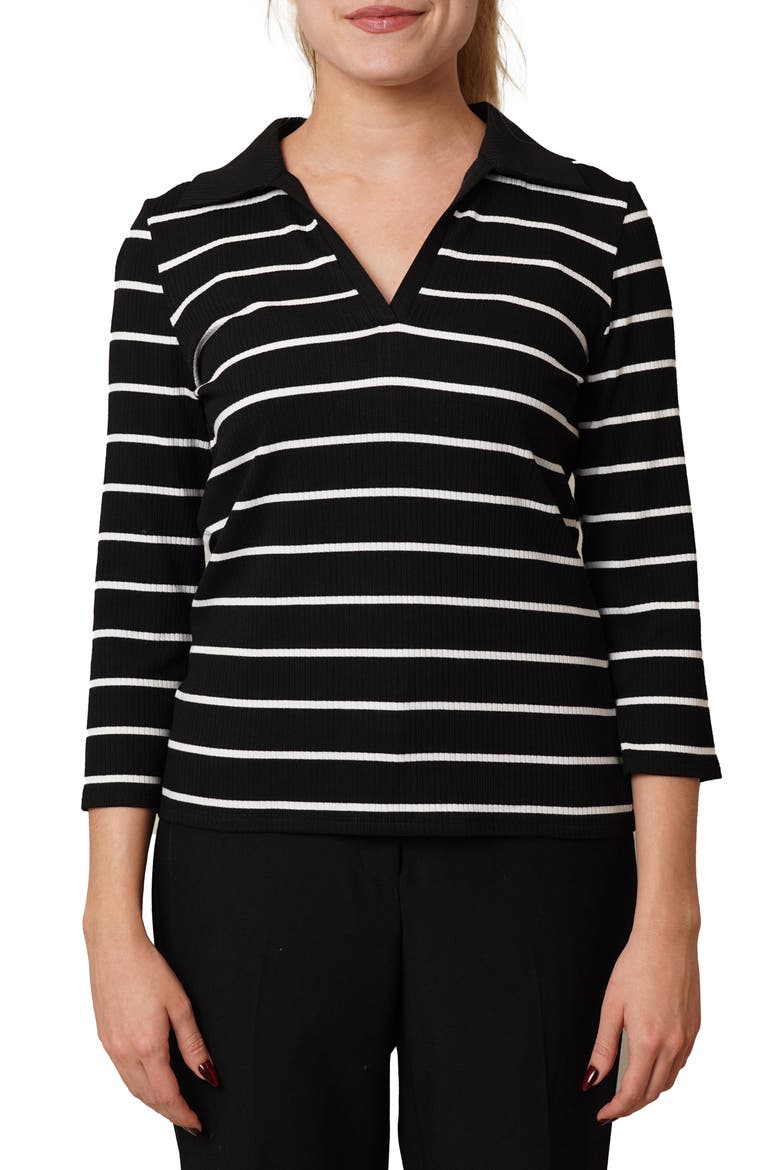 Stripe Johnny Collar Three-Quarter Sleeve Top, Main, color, BLACK/ BONE