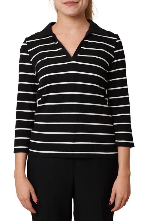 Stripe Johnny Collar Three-Quarter Sleeve Top