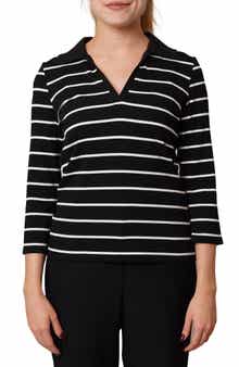 CYRUS Stripe Johnny Collar Three-Quarter Sleeve Top