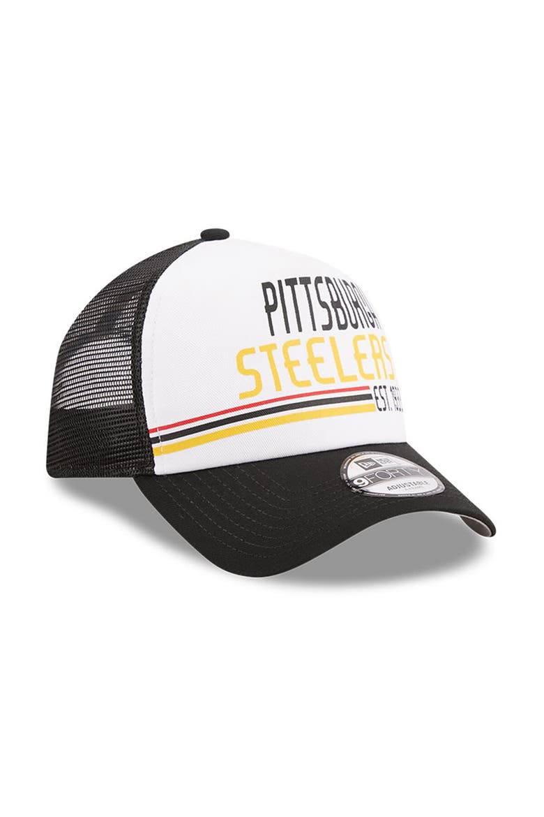 Men's New Era White/Black Pittsburgh Steelers Stacked A-Frame Trucker 9FORTY Adjustable Hat, Alternate, color, White