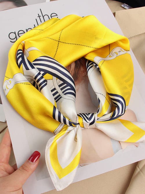 Silksilky Pure Silk Printed Designer Square Scarf 53x53cm/21 In Yellow