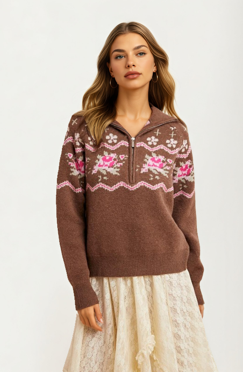 Knit and Lounge Half-Zip Floral Fair Isle Sweater, Main, color, Brown Floral