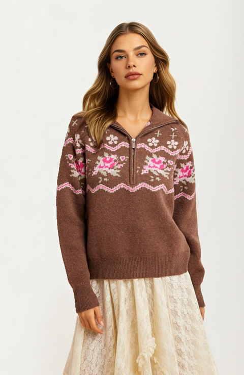Half-Zip Floral Fair Isle Sweater