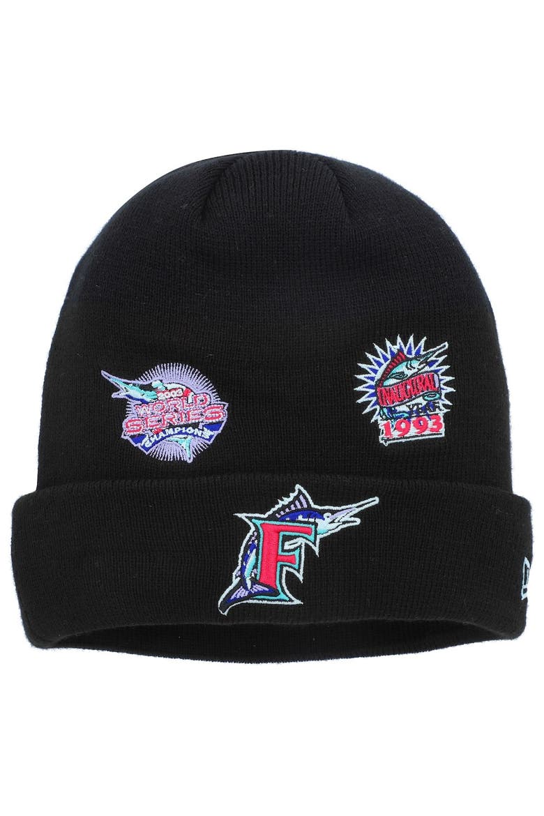 Men's New Era Black Florida Marlins Polar Lights Cuffed Knit Hat, Main, color, Black