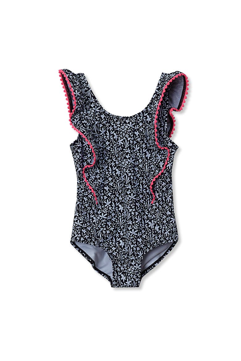 Girls Chlorine Resistant Scoop Neck Ruffle One Piece Swimsuit, Main, color, Deep Sea Navy/Ditsy Floral