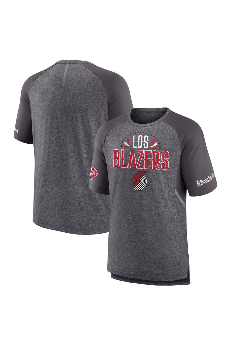Men's Fanatics Branded Heathered Gray Portland Trail Blazers 2022 Noches Ene-Be-A Core Shooting Raglan T-Shirt, Main, color, Heather Gray