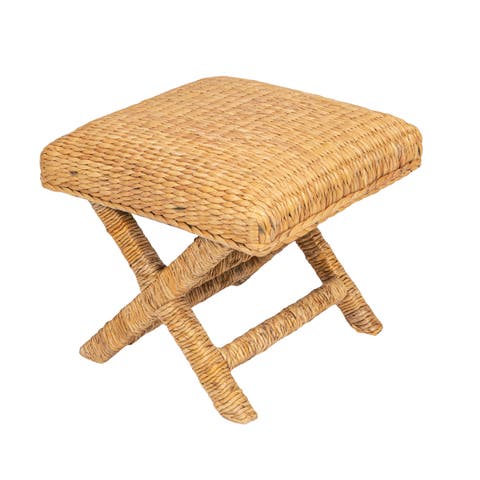 Woven Water Hyacinth and Wood Stool, Brown