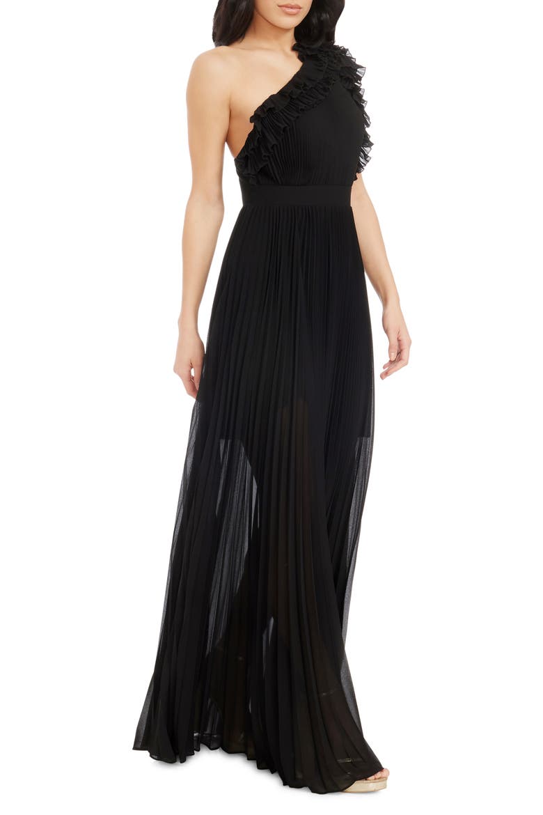 Vida One-Shoulder Pleated Chiffon Gown, Alternate, color, BLACK