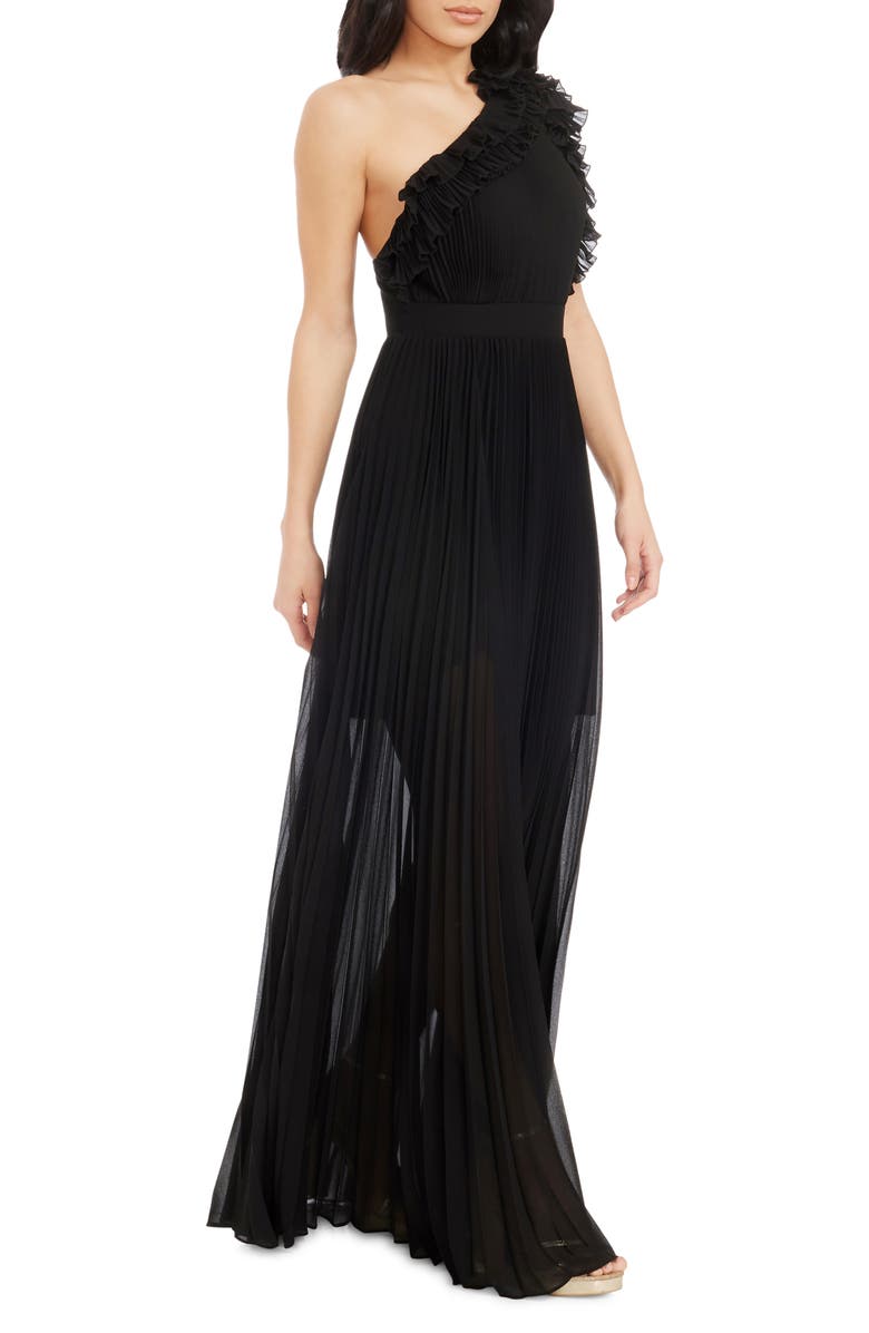 Dress the Population Vida One-Shoulder Pleated Chiffon Gown, Alternate, color, Black