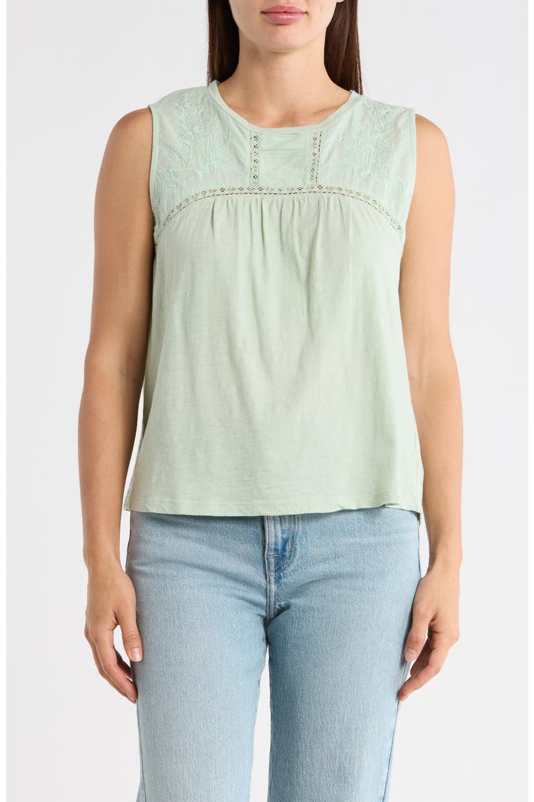 Embroidered Yoke Cotton Tank, Main, color, FROSTY GREEN
