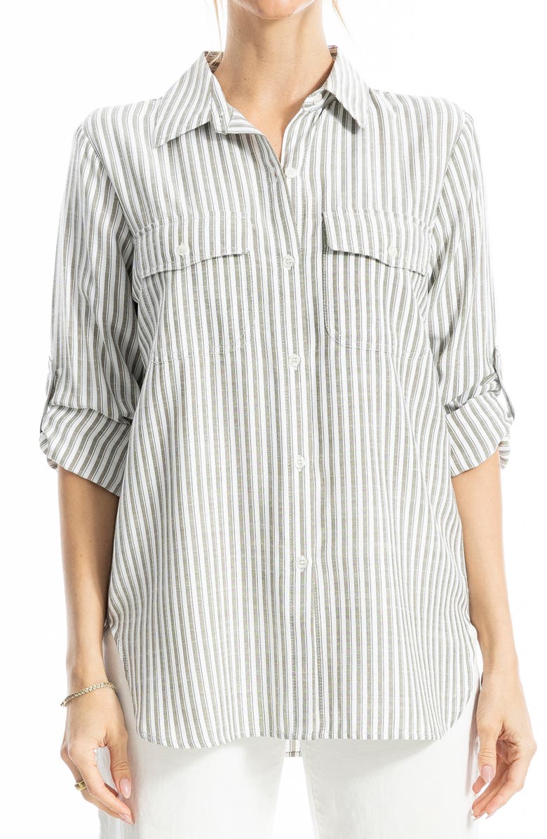 MAX STUDIO Stripe Roll Tab Button-Up Utility Shirt, Main, color, Ivory/ Olive Contrast Stripe