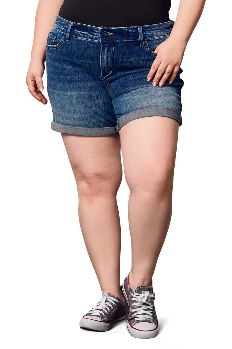 Cuffed Denim Shorts, Main, color, RUBY