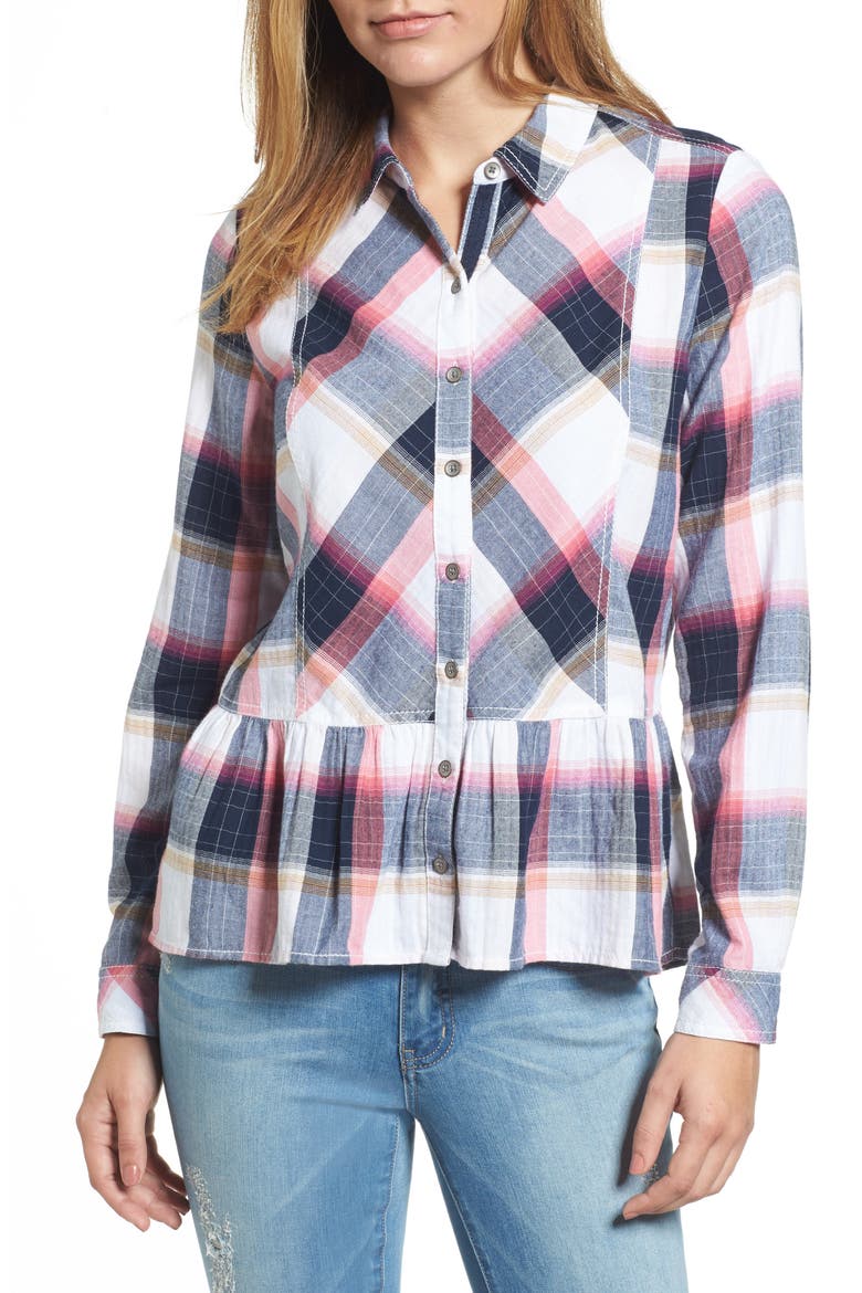 Peplum Plaid Shirt, Main, color, NAVY- ROSE PLAID