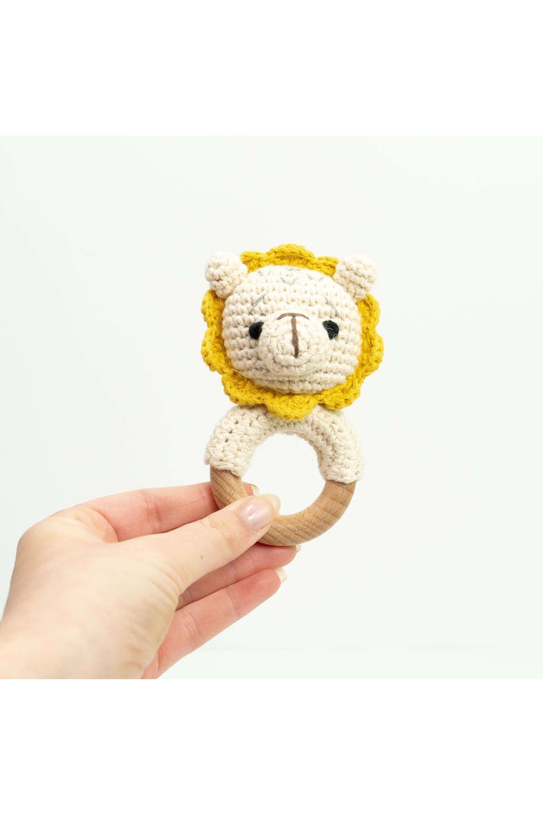 Baby Interactive Wooden Toy Rattle with Crochet Animal, Main, color, Lion