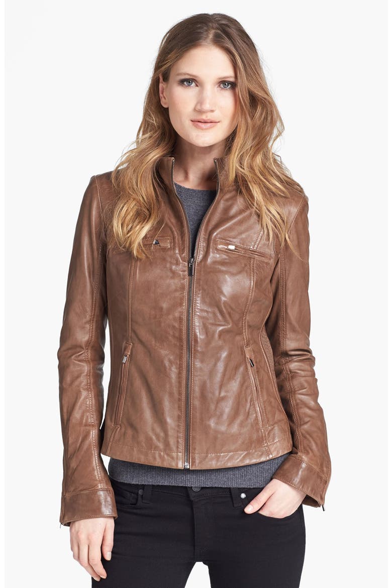 Ribbed Side Leather Jacket, Main, color, LUGGAGE