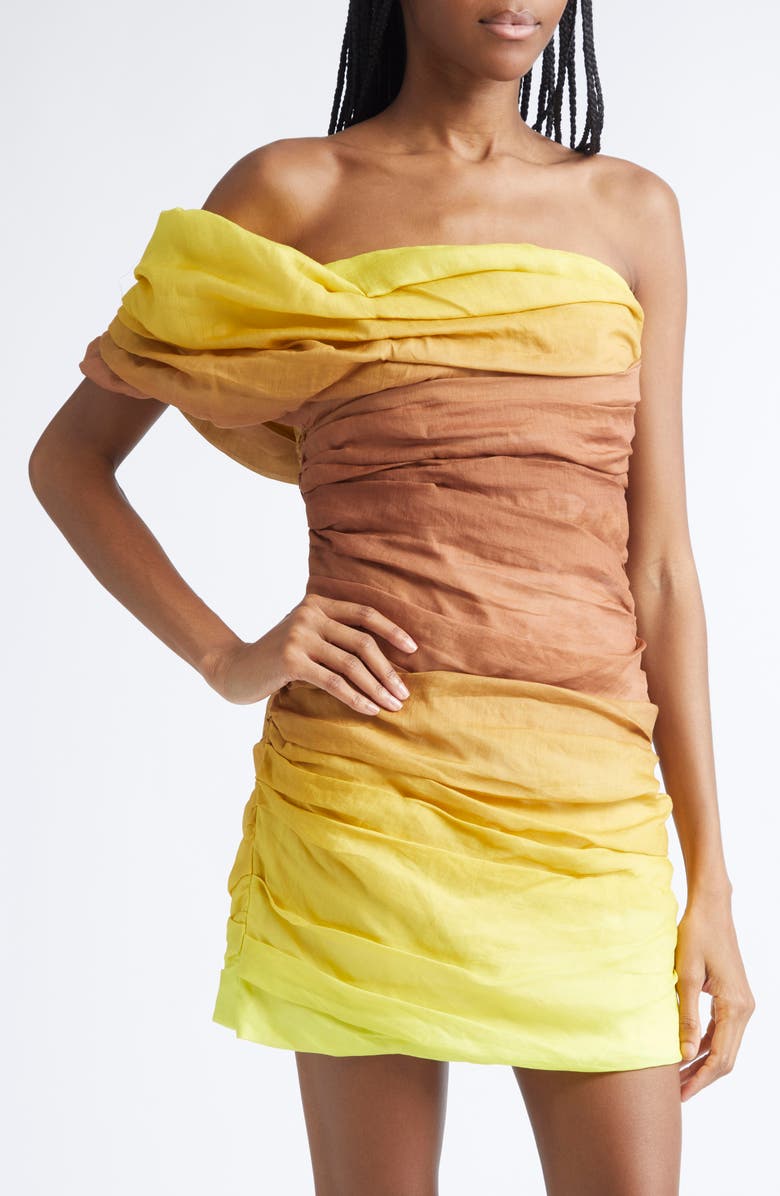 A.L.C. Kyler Ruched Strapless Cocktail Dress, Alternate, color, Chestnut/ Yellow