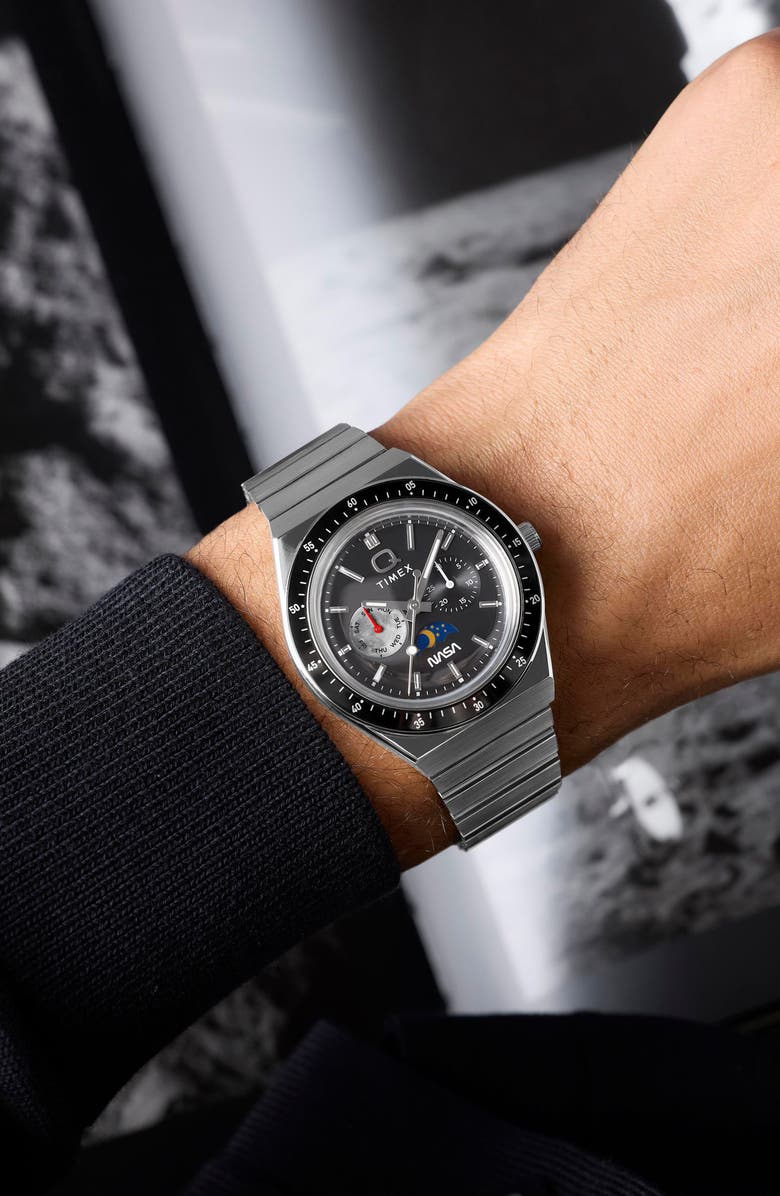 Timex<sup>®</sup> Q Timex NASA 40mm Stainless Steel Bracelet Watch, Alternate, color, Silver-Tone