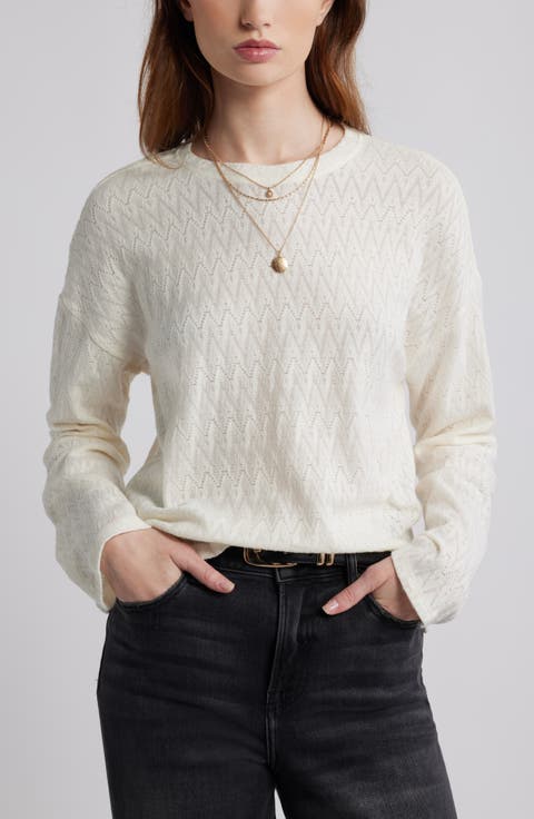 Pointelle Cotton Crewneck Knit Top