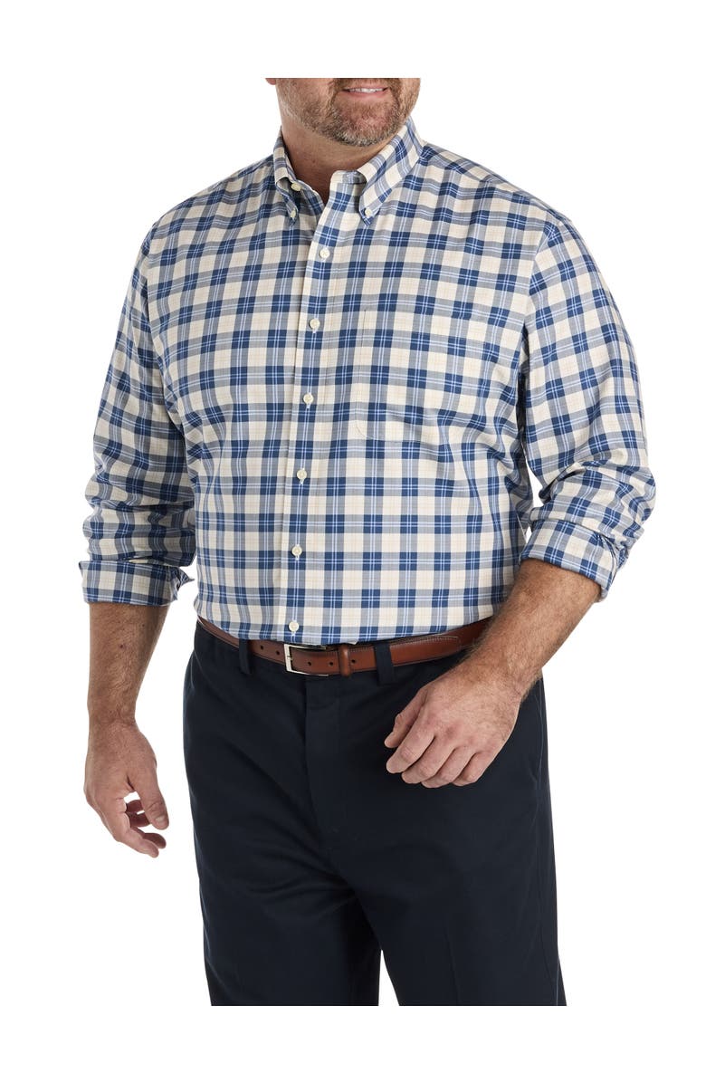 Brooks Brothers Big & Tall Non-Iron Plaid Twill Sport Shirt, Main, color, Ivory Navy Plaid